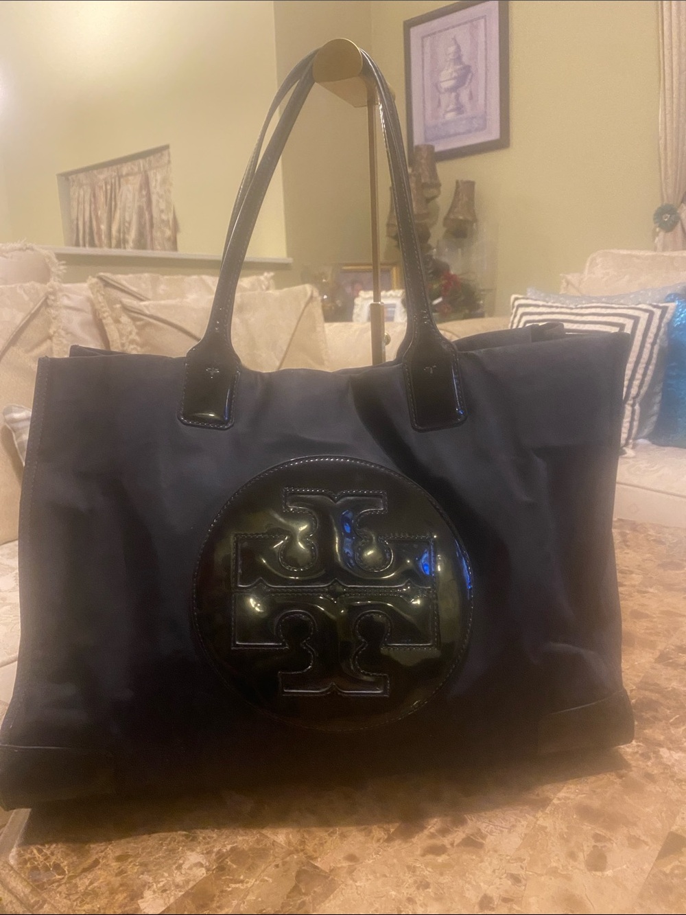 Tory Burch Black Nylon Tote with Patent Logo